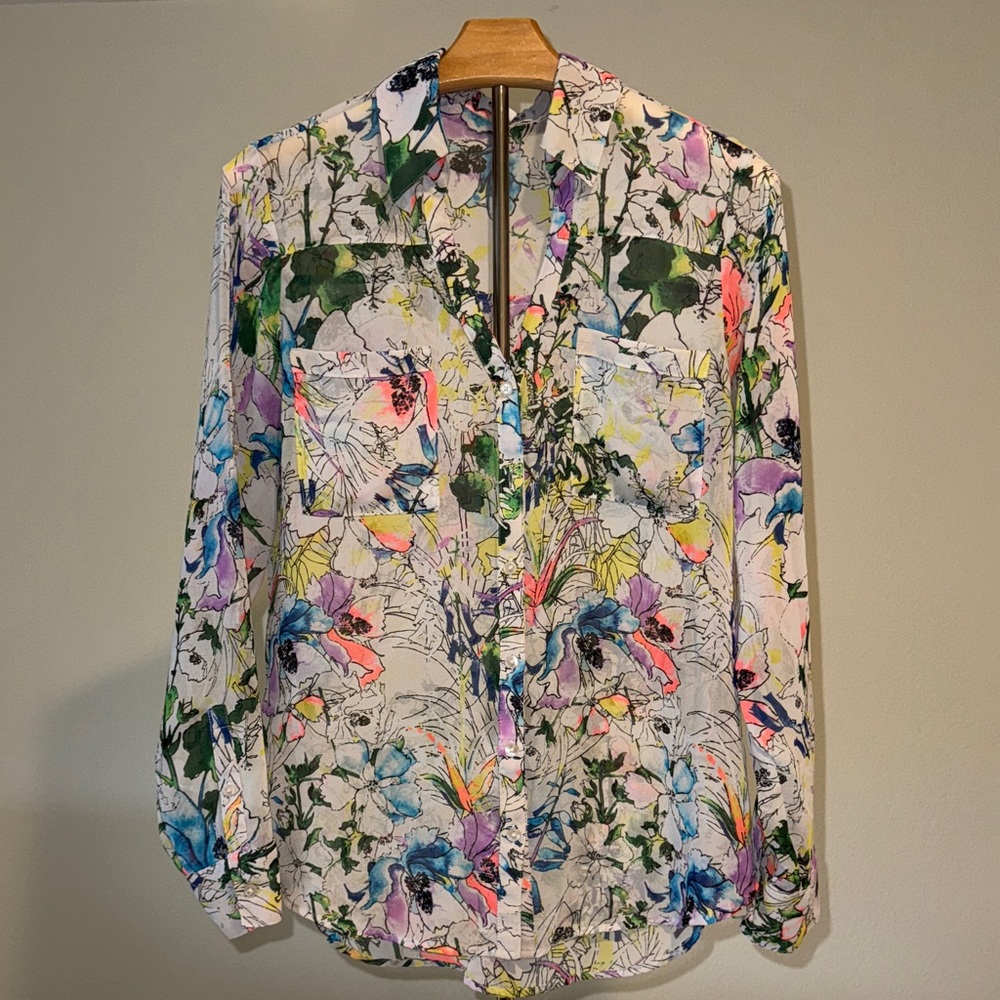 Express Floral Button-Down Shirt in White with Multicolor Floral Print